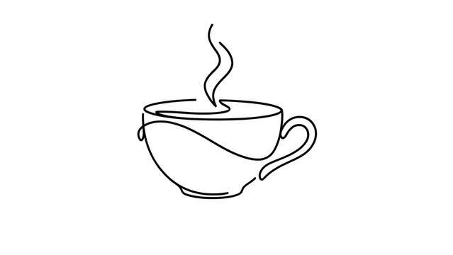Black and white line drawing of a coffee cup with steam.