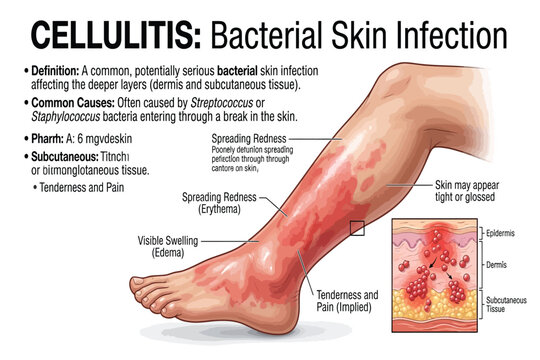 Medical illustration of cellulitis showing bacterial skin infection with redness, swelling, and inflammation.