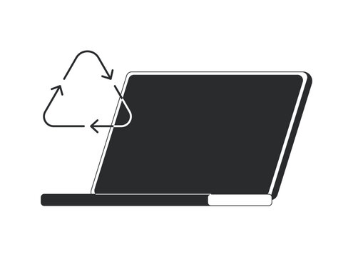 Laptop with recycling symbol 2D line object. Electronic waste management. Device reuse. Environmental tech. Sustainable computer isolated clipart vector outline item. Black and white spot illustration