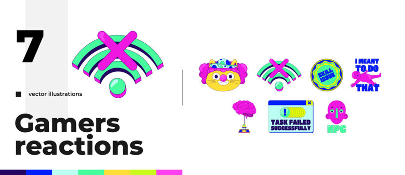 Funny fail gaming reaction illustration set. NPC character. Skill issue. Wifi disconnected. Brain AFK. Accidental mistakes. Cartoon 2D vector graphics isolated. Streaming platform overlay pack