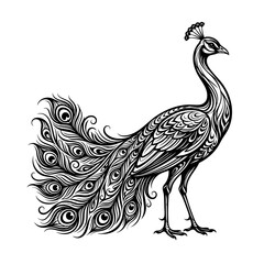 Fototapeta premium A detailed illustration of a majestic peacock standing proudly showcasing its vibrant feathers.
