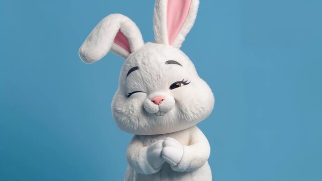 White cartoon rabbit character with large ears and expressive eyes gestures joyfully, transitioning from welcoming to playful poses against a solid blue background