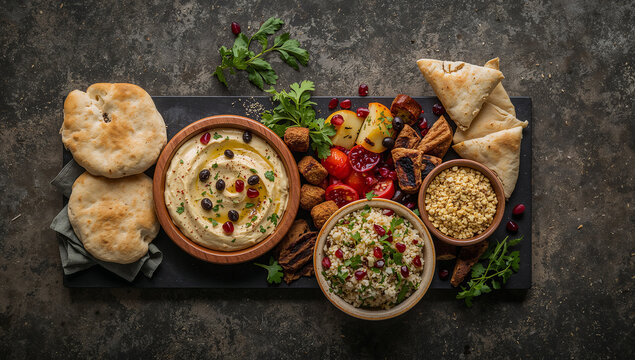 Middle eastern meze platter with hummus tabouleh samosas and flatbread olive oil wooden table dark background tabouleh flatbread appetizer mediterranean vegetarian delicious pomegranate