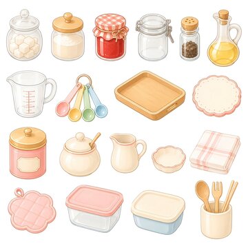 Cute kitchen goods watercolor illustration set isolated