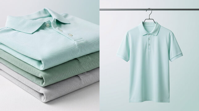 Stack of Folded Polo Shirts and Single Hanging Polo Shirt in Pastel Colors