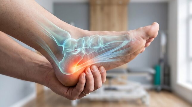 Man suffering from plantar fasciitis foot pain with holographic anatomy overlay. Male patient holding painful heel, medical clinic diagnostics for heel spur or foot arch inflammation