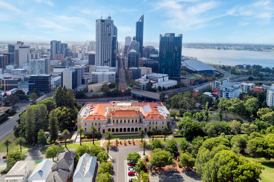 Aerial view over Western Australian Parliament House & City Of Perth