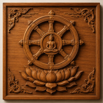 Highly detailed wooden relief sculpture of a meditating Buddha at the center of the Dharmachakra wheel, beautifully supported by a blooming lotus base inside a framed panel.