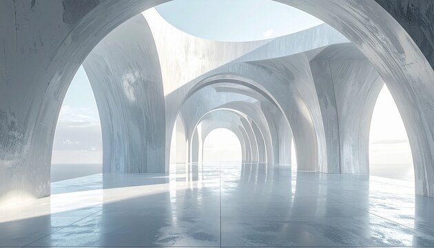Minimal luxury architectural space with giant sculptural arches and abundant negative space