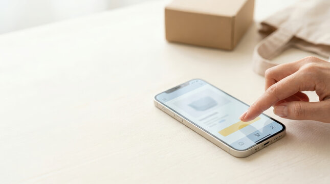 Finger pressing buy button for online shopping transaction