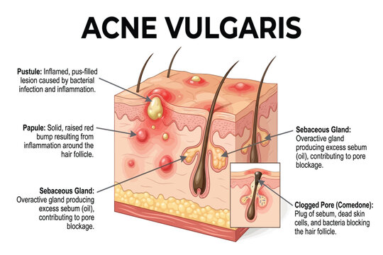 Medical illustration showing acne vulgaris lesions and clogged pores.