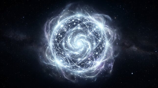 Glowing celestial sphere featuring intricate white constellations and swirling nebular energy patterns set against a deep dark infinite cosmic void filled with countless distant shimmering stars