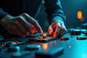 Fototapeta premium Close up of technician hands soldering microchip with sparks on circuit board