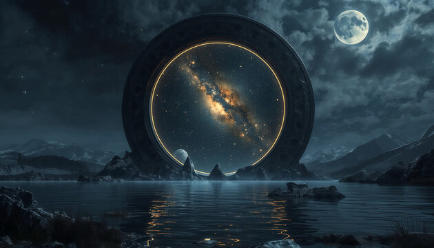 Giant stone stargate portal reflecting a glowing spiral galaxy on a calm lake under a full moon night sky