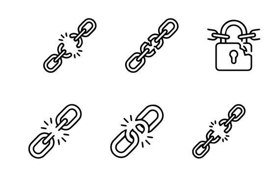 Broken Chain Link Icons, Security Lock, Connection Failure, Digital Security, Vector Set