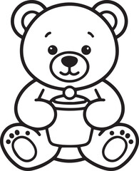 A charming black and white illustration of a teddy bear sitting and holding a small pot, with its paws and feet detailed. © DesignINKZ