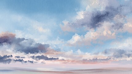 Obraz premium A watercolor style sky painting with soft blues, grays, and pinks. Wispy clouds drift across a gradient background, serene