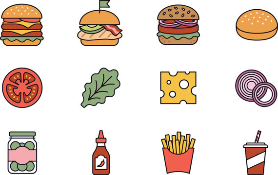 Burger ingredient collection featuring hamburger components fries sauces toppings and fast food illustration set