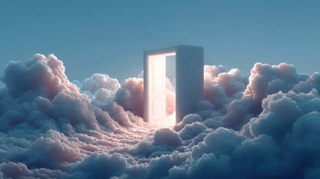 Dreamlike portal amidst fluffy clouds and soft light