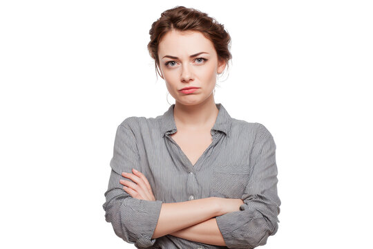 Woman with crossed arms looking serious isolated on transparent background.
