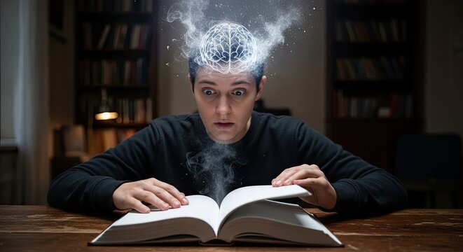 Man reading book with brain thoughts.