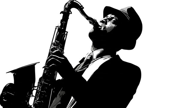 Black and white silhouette of a man playing saxophone.