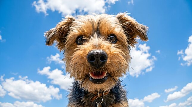 Yorkshire terrier dog looking into camera lens. Pet portrait shot from low angle against blue sky with cloud. Funny animal expression. Happiness and loyalty of companion pet concept.