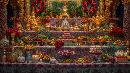 Fototapeta premium Elaborate traditional altar offering with flowers and fruits religious ceremony traditional culture temple decor spiritual practice sacred space offering tradition ceremony spiritual