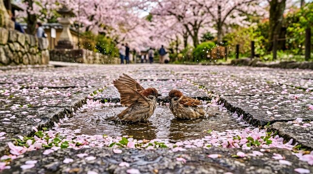 Two Sparrows Bathing in a Puddle on a Stone Path in a Cherry Blossom Park