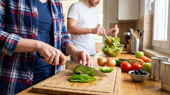 Couple prepares dinner together in their kitchen while chopping vegetables and making a fresh salad