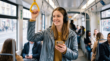 Fototapeta premium Young woman enjoys music while riding public transport in a city during the day holding a phone and a grab pole