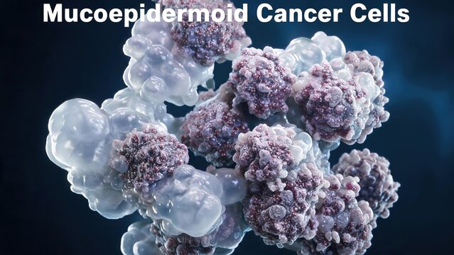 3D Microscopic Medical Render of Mucoepidermoid Cancer Cell Cluster, Mixed Translucent Mucus-Secreting and Dark Epidermoid Neoplastic Cells, White Title Text Overlay on Dark Blue Scientific Background