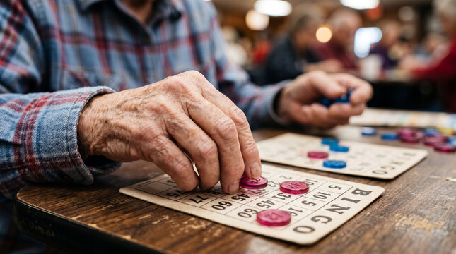 Playing bingo at a community hall during an afternoon gathering with friends and family