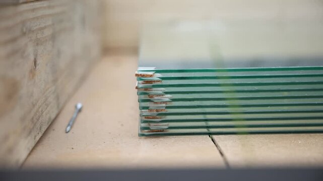Stacked tempered glass panels rest on wooden floor by a timber wall. Thin spacers separate panes, greenish edges show chipping. Dust shifts, drill bit lies nearby.
