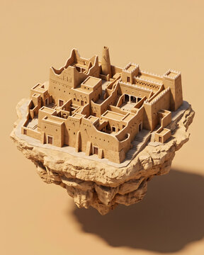 Traditional Najdi Architecture 3D Isometric Clay Fortress on Floating Rock