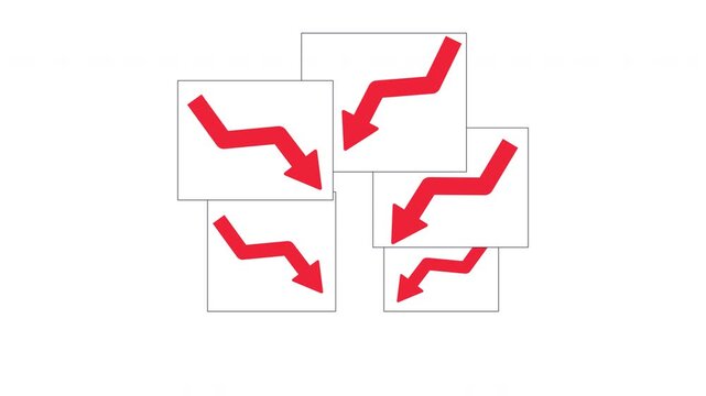 Financial decline arrows cards overlap 2D cartoon object animation. Falling stock prices. Market loss. Negative trends. Pointing downwards animated flat colorful item 4K video on transparent