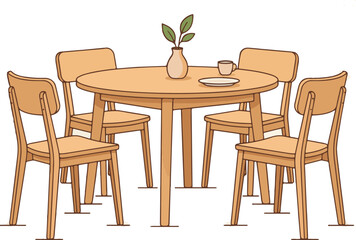 Fototapeta premium Minimalist wooden dining set illustration with round table and four chairs