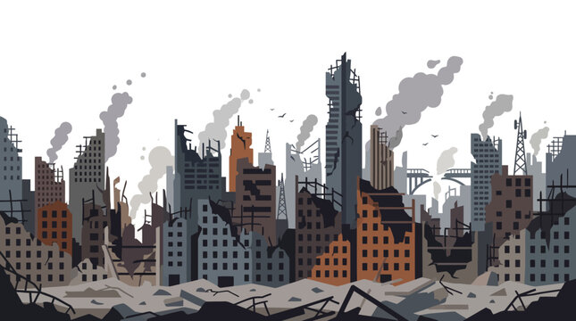 Destroyed City Skyline with Smoke After War Illustration