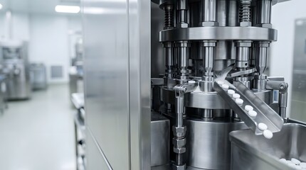 Naklejka premium precision pharmaceutical tablet press machine operating inside sterile medication manufacturing facility with healthcare technology and copy space