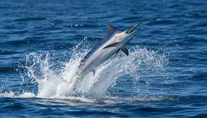 Fototapeta premium A powerful blue marlin jumping above the ocean surface, realistic wildlife photography style deep blue sea background