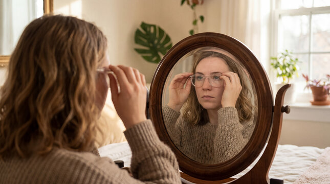 Young woman seeing her reflection in a standing mirror, adjusting new eyeglasses, capturing self perception and vision improvement