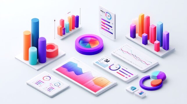 Rendered image of data visualization elements, including bar graphs, line charts, and pie charts, in a clean, modern style