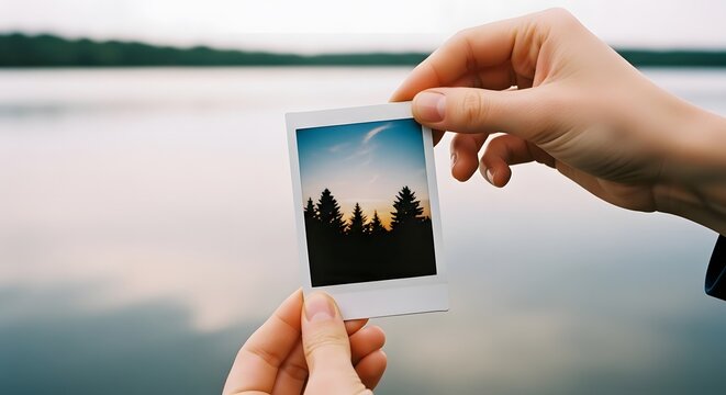 Celebrating world photography day with a serene lake scene captured in a polaroid photo