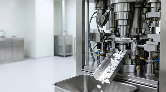 automated pharmaceutical production line manufacturing solid dosage medications within advanced sterile healthcare facility and regulatory quality standards