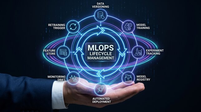 Mlops lifecycle management with hand holding digital interface