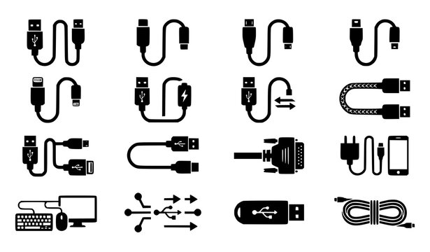 USB Cable Silhouette Icons Collection