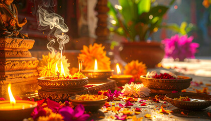 Fototapeta premium Peaceful Indian Temple Setup Featuring Oil Lamps Incense and Floral Offerings