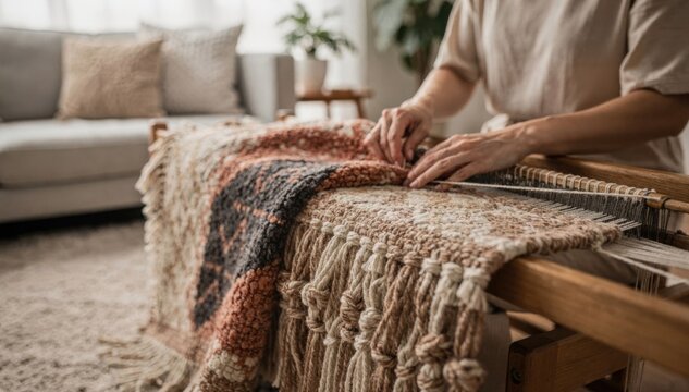 Artisan weaving a reversible throw blanket with contrasting colors and intricate fringe detailing emphasizing versatility and style in a modern cozy space.