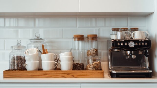 Staged kitchen counter with an espresso machine and canisters against a subway tile backsplash