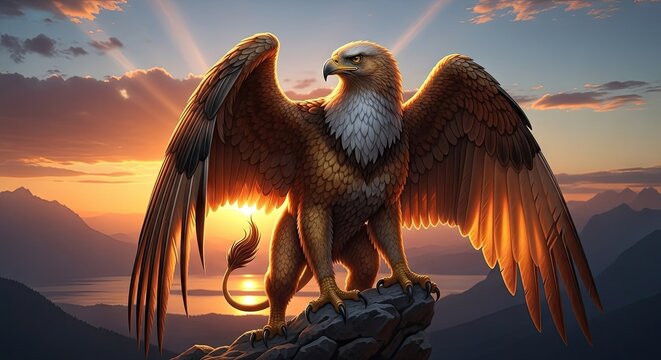 Majestic gryphon perched on a rock against a sunset sky background